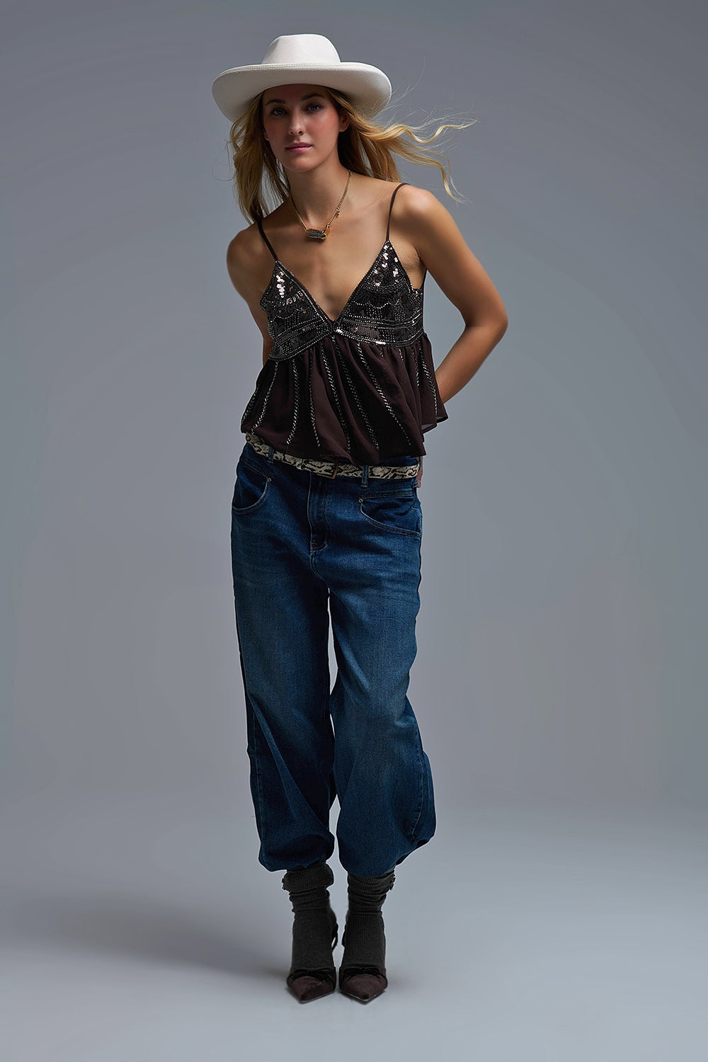 Top camisole à paillettes avec ornements marron