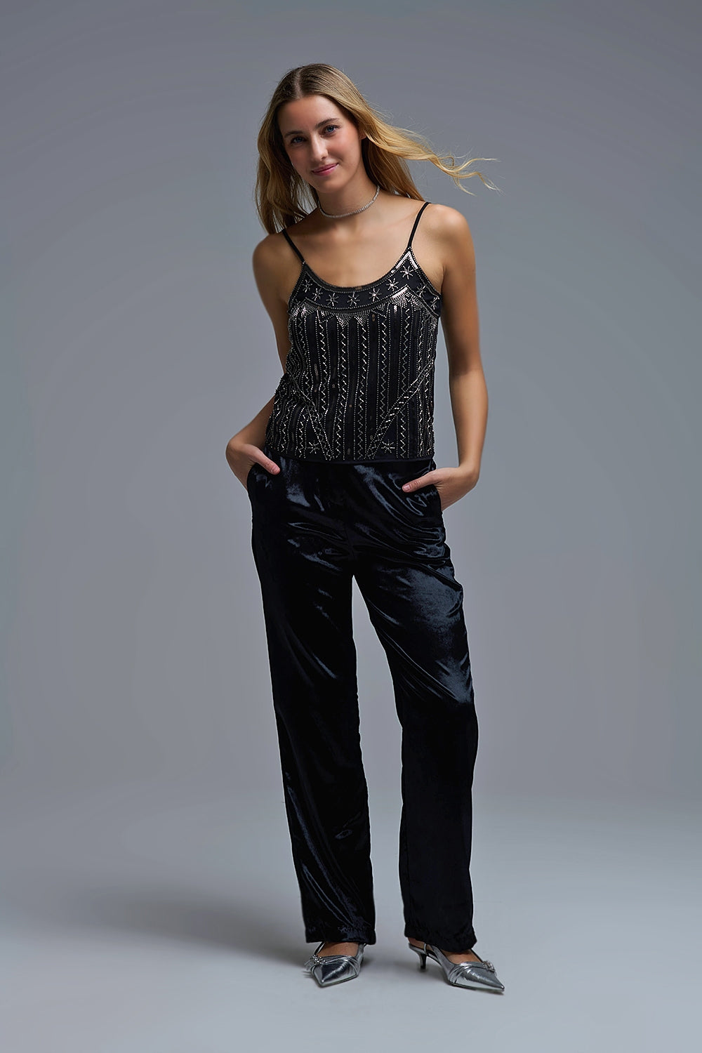 Top Cami à paillettes brodées vintage en noir