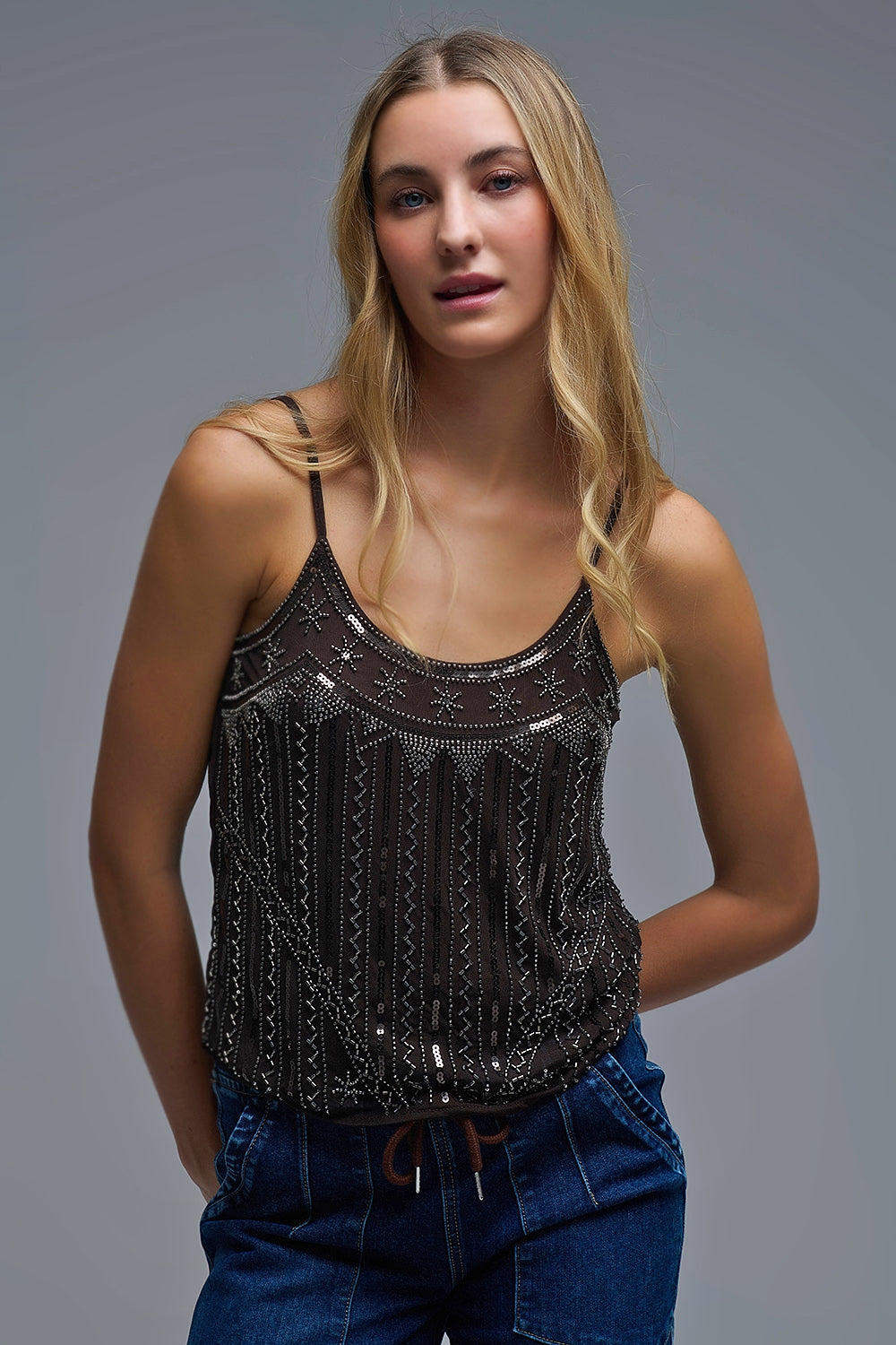 Top Cami brodé à paillettes vintage marron