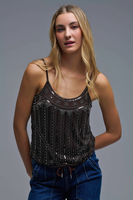 Top Cami brodé à paillettes vintage marron