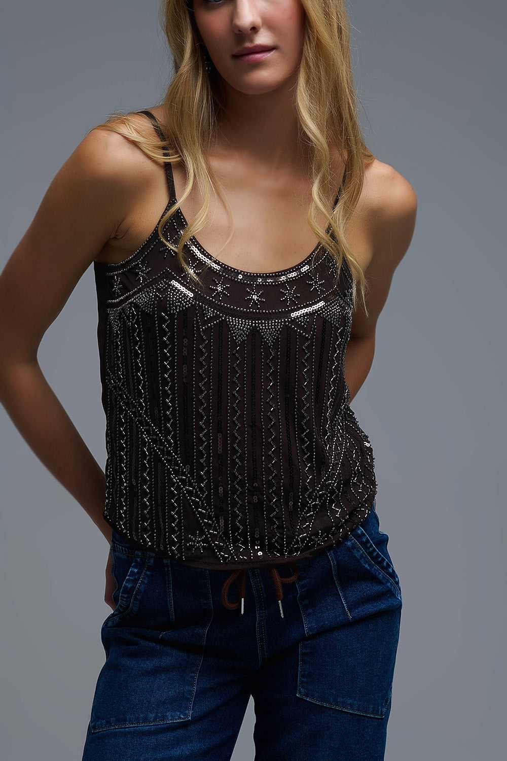 Top Cami brodé à paillettes vintage marron