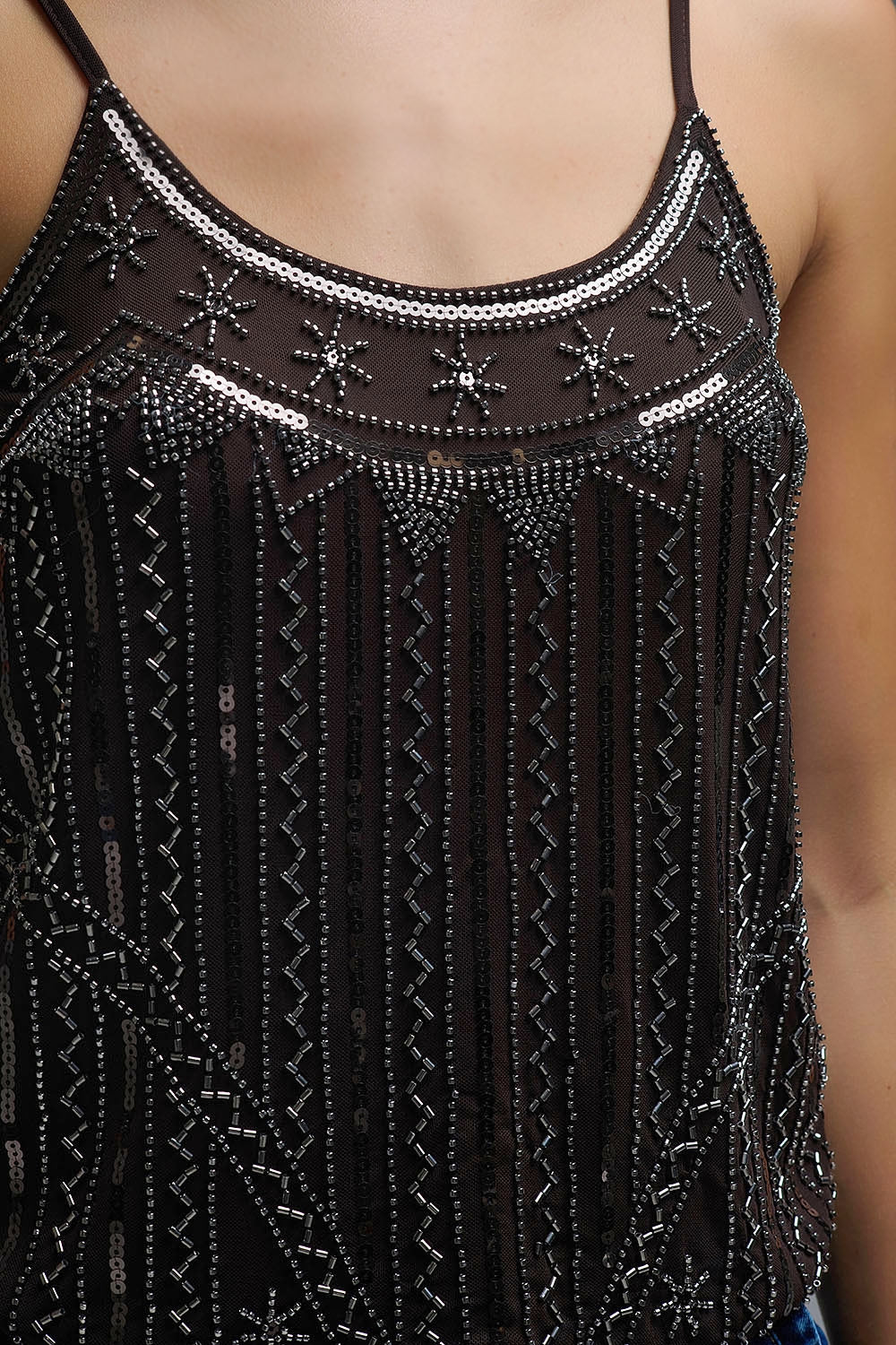 Top Cami brodé à paillettes vintage marron