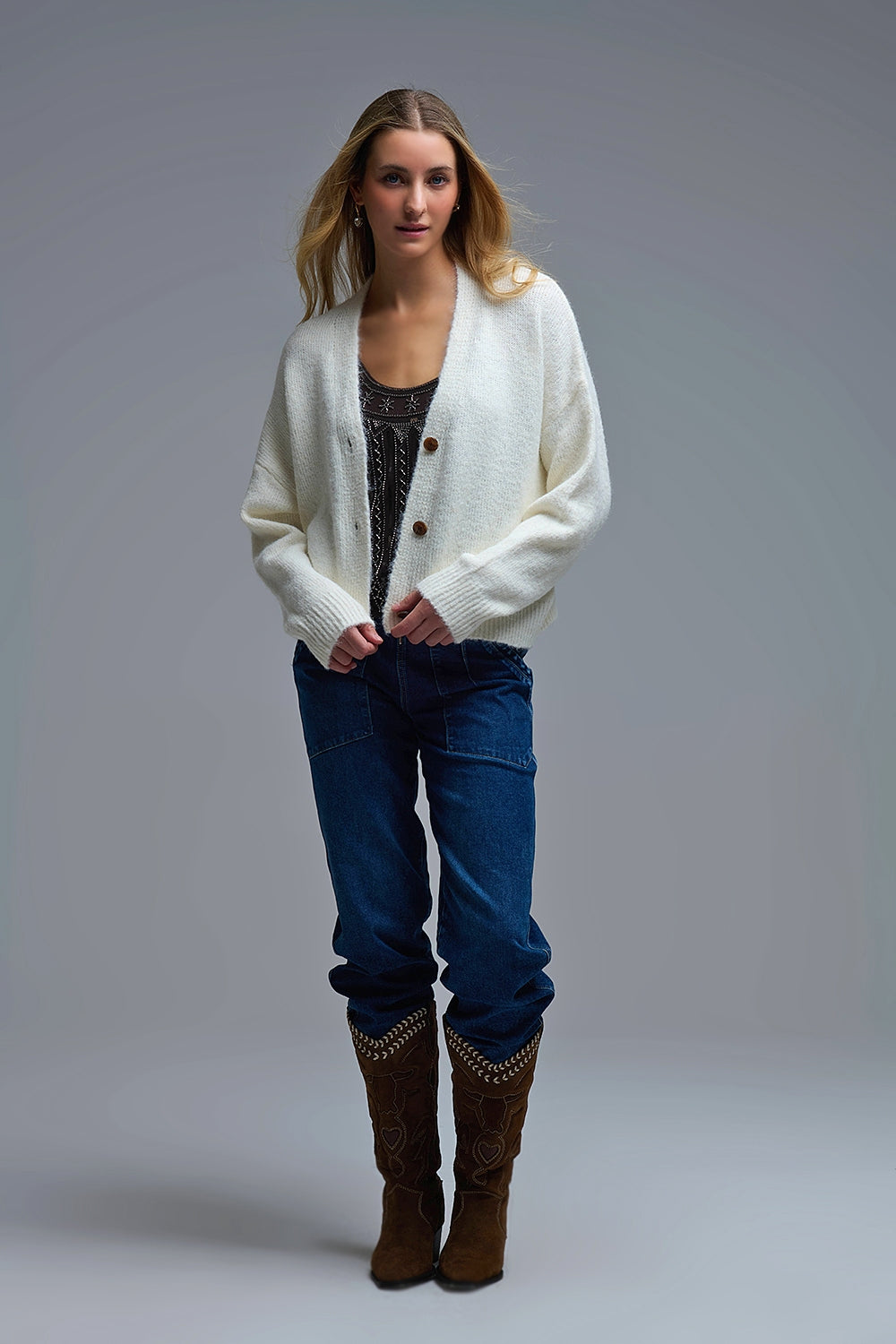 Cardigan boutonné Basic Cream à col en V