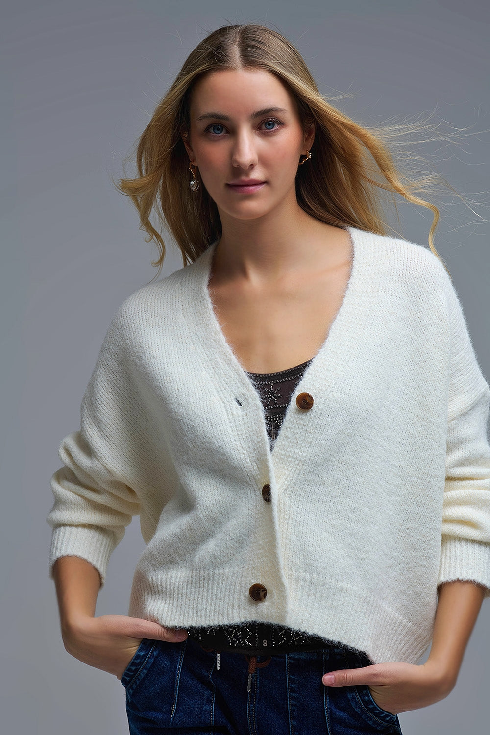 Cardigan boutonné Basic Cream à col en V