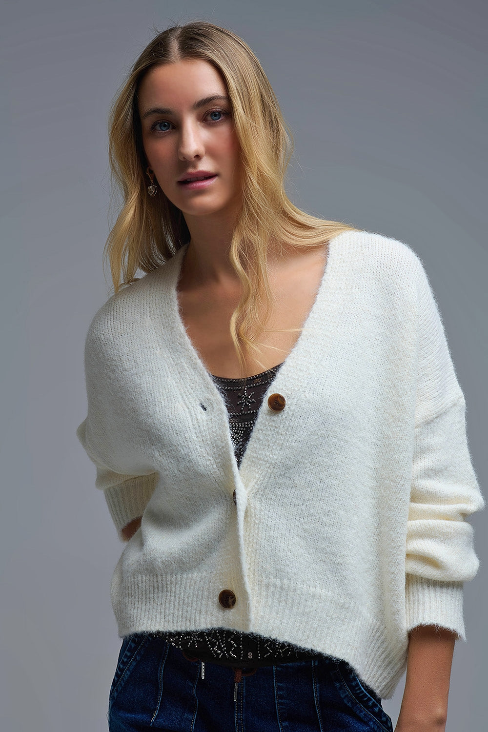 Cardigan boutonné Basic Cream à col en V