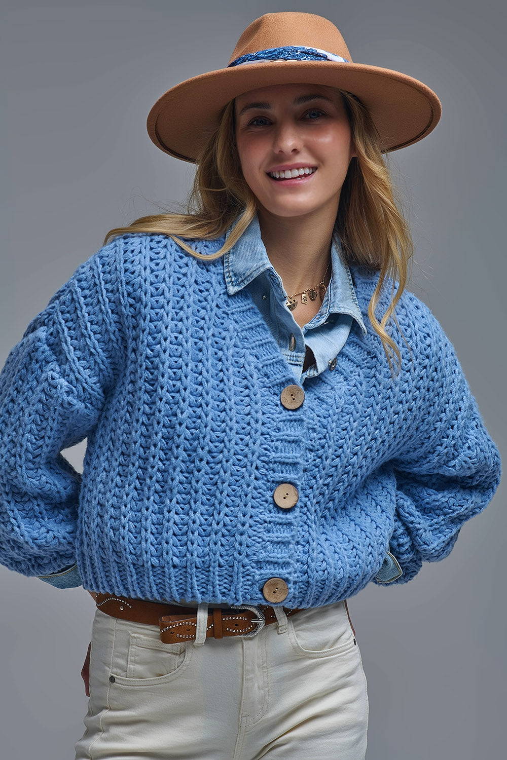 Cardigan Chunky à maille ouverte En bleu