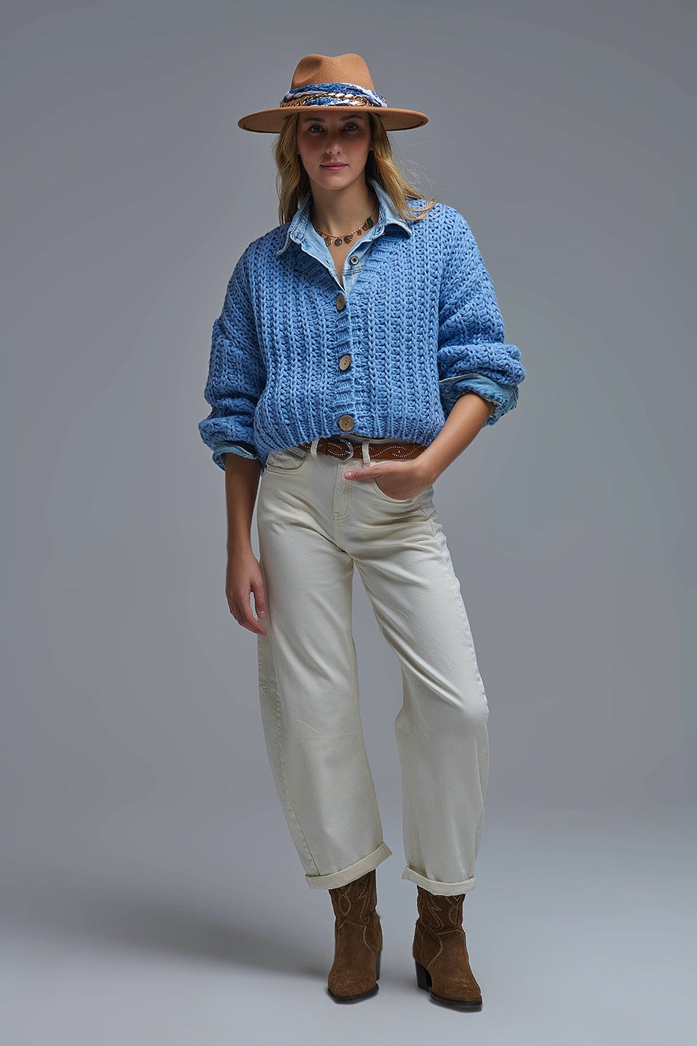 Cardigan Chunky à maille ouverte En bleu