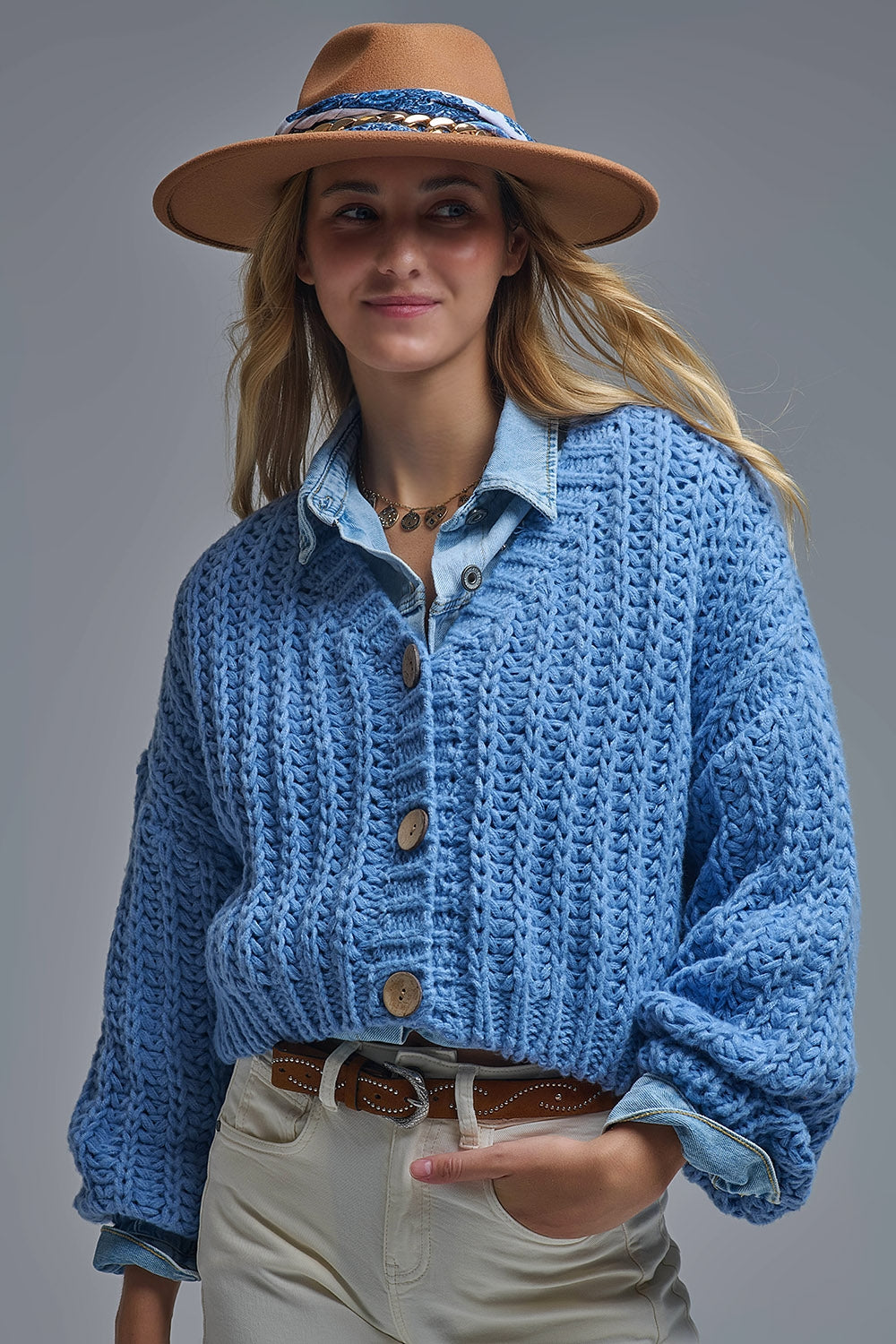 Cardigan Chunky à maille ouverte En bleu