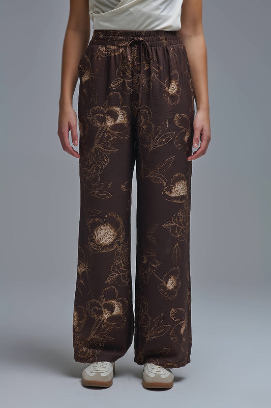 Pantalon léger marron à imprimé floral automnal