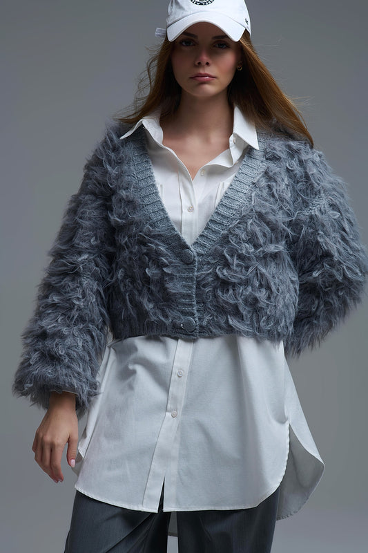 Gilet en grosse maille duveteuse gris