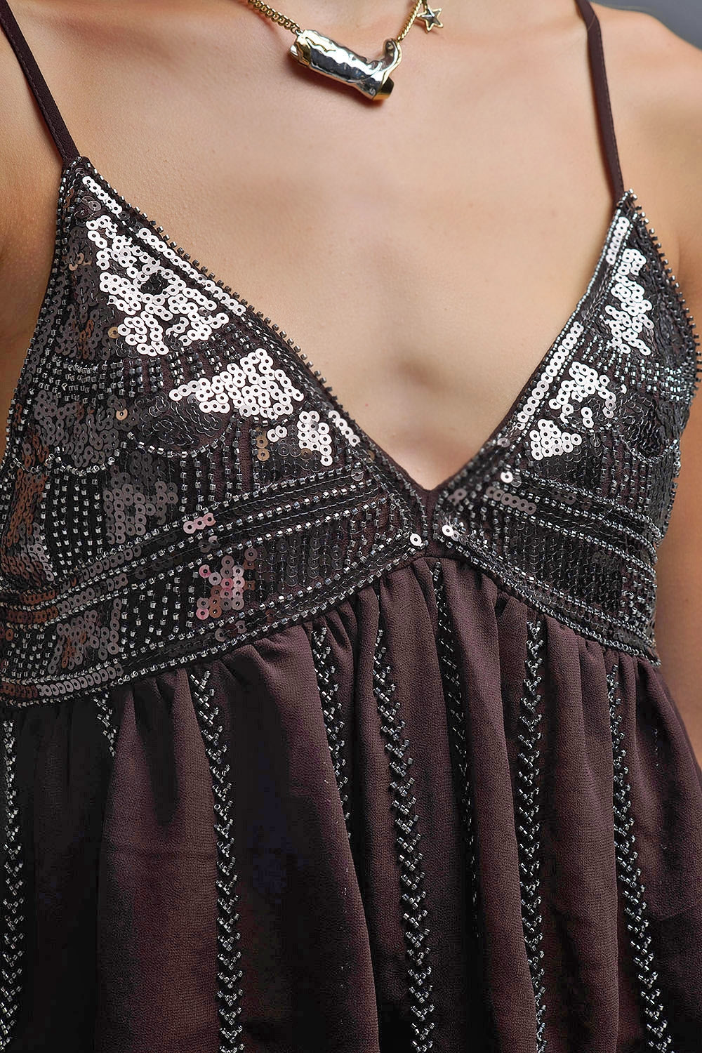Top camisole à paillettes avec ornements marron