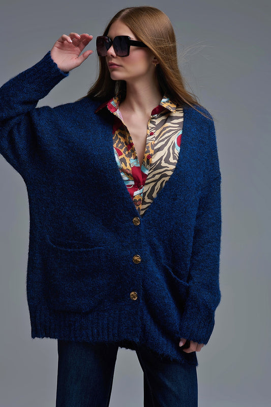Cardigan oversize en marine avec boutons et poches dorés