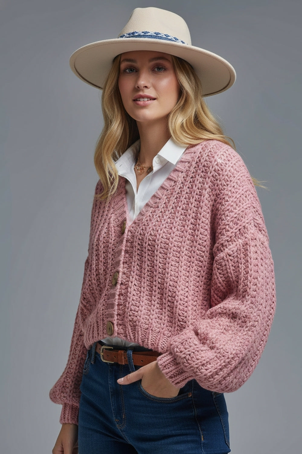 Cardigan ouvert en rose avec manches décontractées