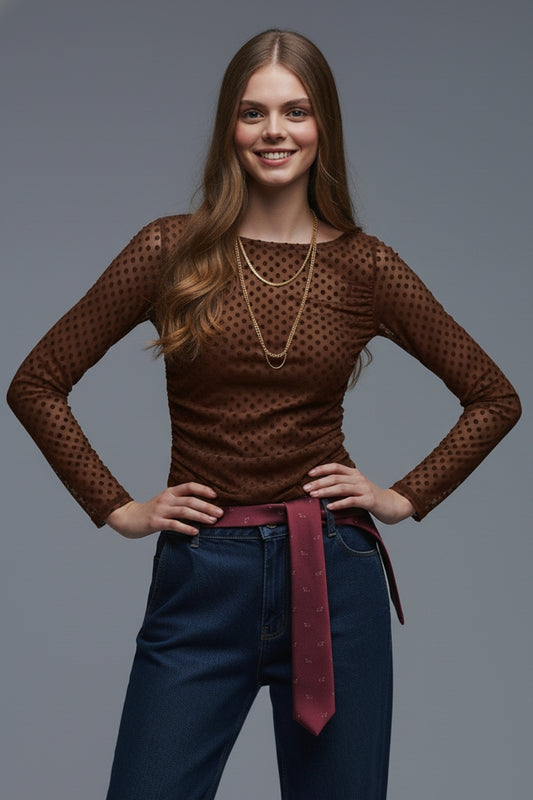 Top à pois marron en tissu transparent élastique