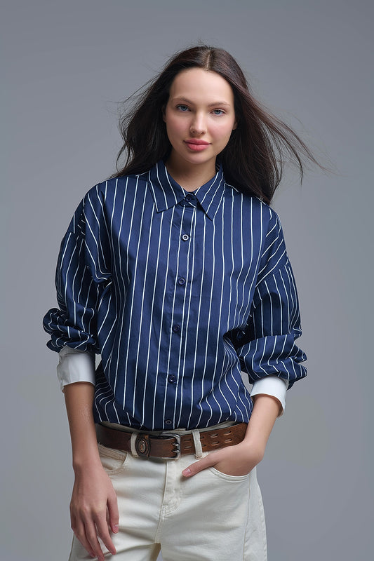 Chemise à col montant rayée bleu marine en popeline douce