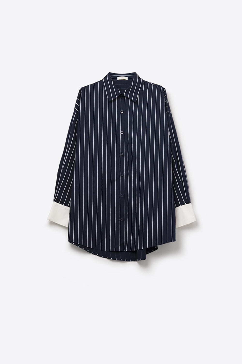 Chemise à col montant rayée bleu marine en popeline douce
