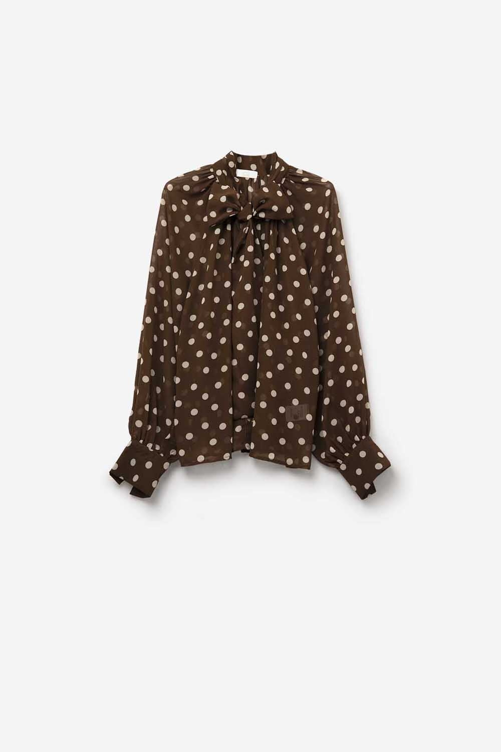 Chemise à pois marron avec détails en dentelle en mousseline de soie