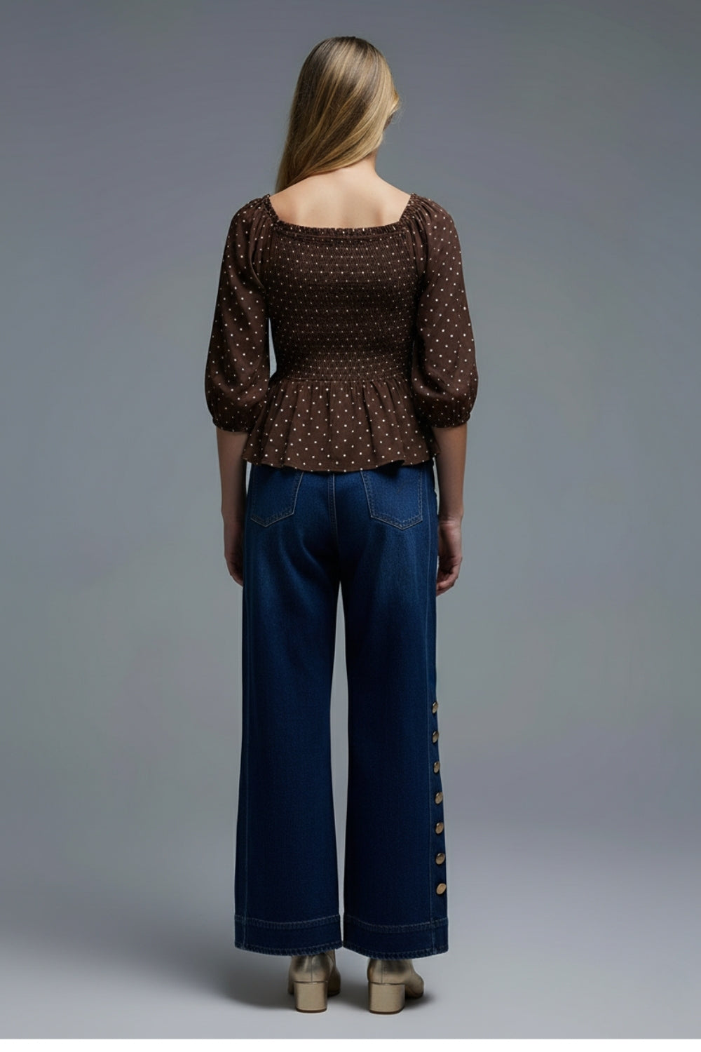 Top court chic marron à pois ajusté à la taille