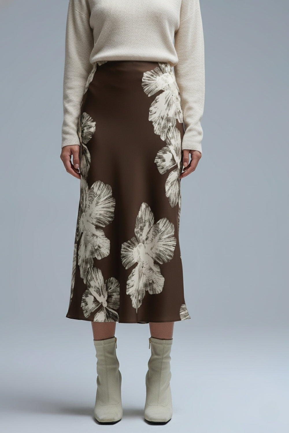 Jupe midi en satin floral brun en satin