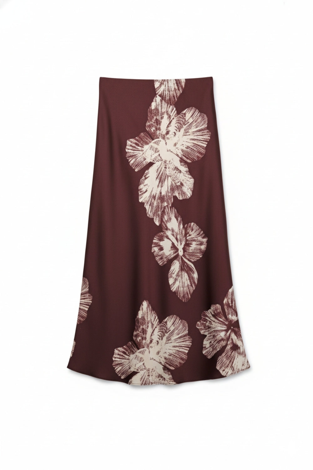 Jupe midi en satin bordeaux à motif floral