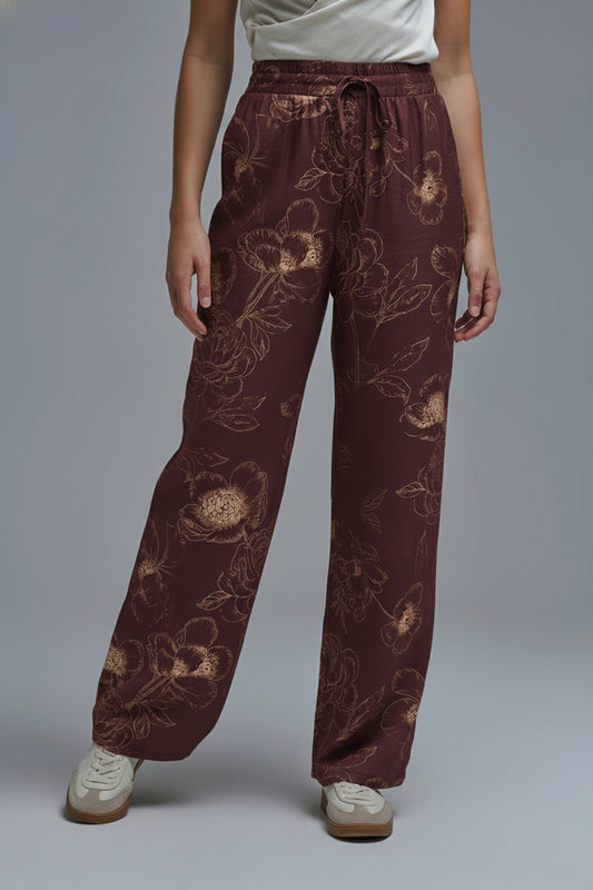 Pantalon fluide et léger bordeaux à imprimé floral automnal