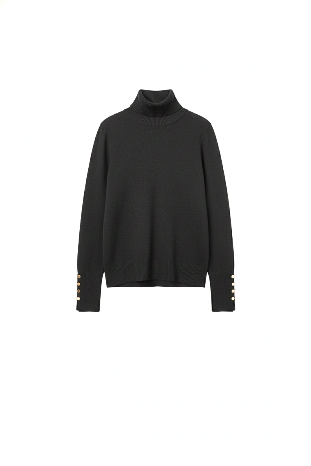 Pull à col roulé noir avec boutons dorés sur le poignet