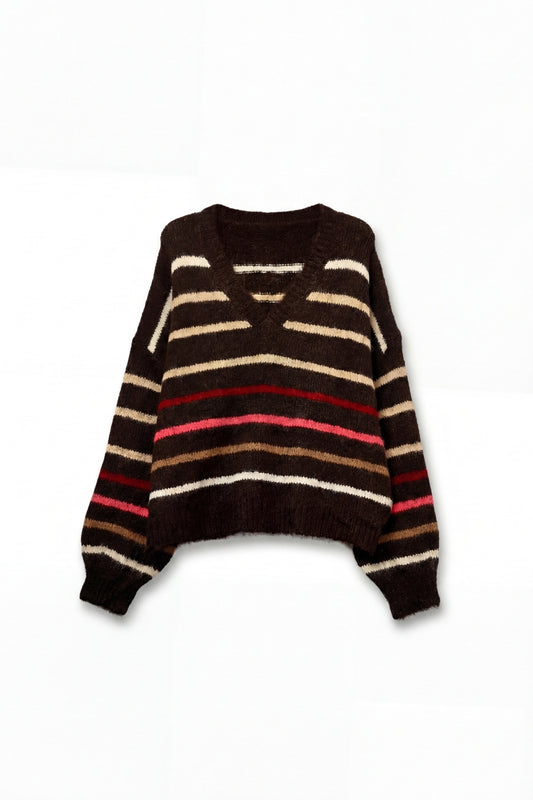 Pull oversize à rayures multicolores marron