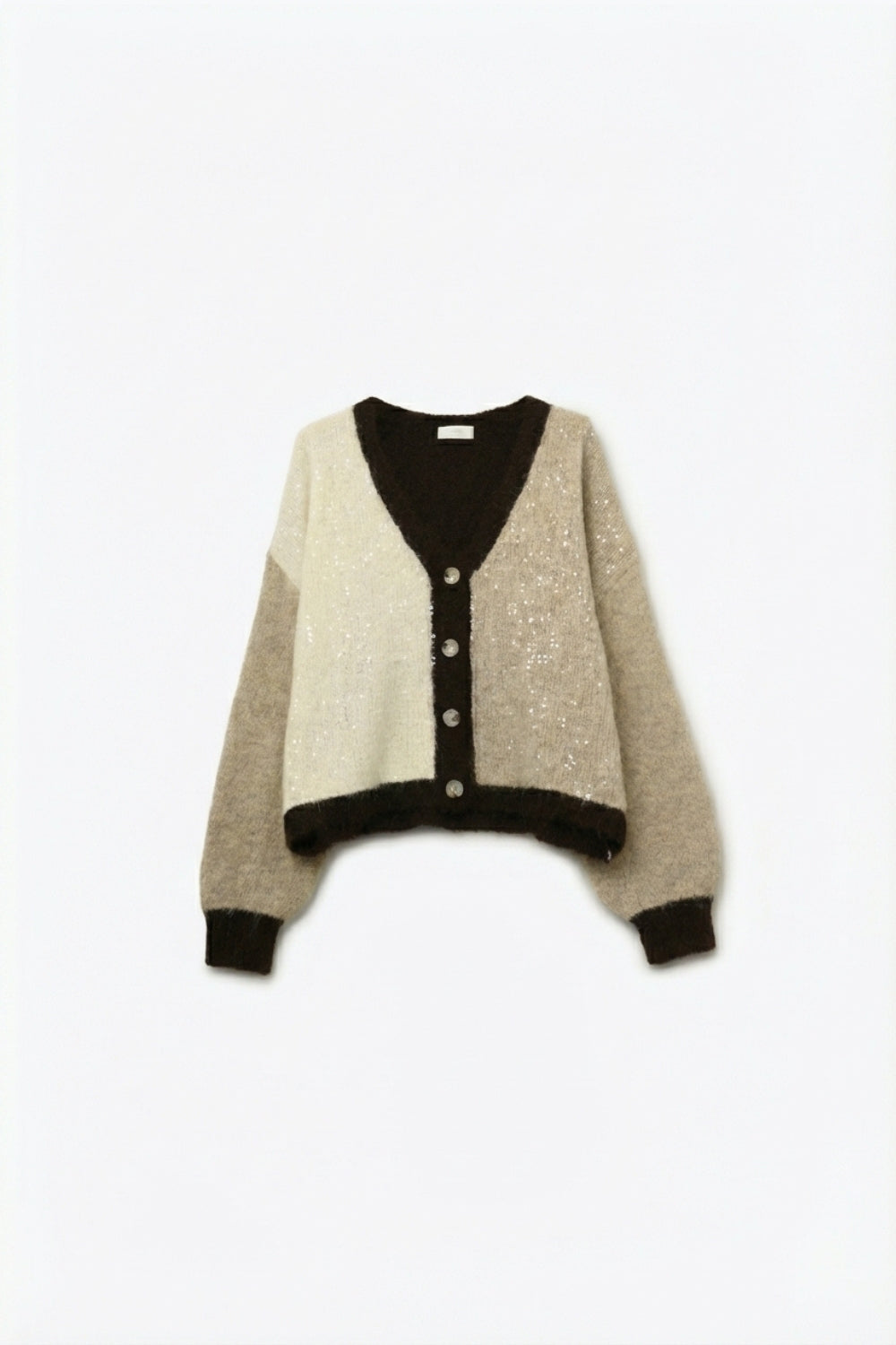 Cardigan à col en V à paillettes en couleurs beige et marron