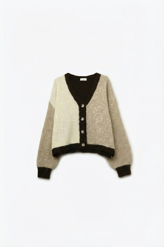 Cardigan à col en V à paillettes en couleurs beige et marron