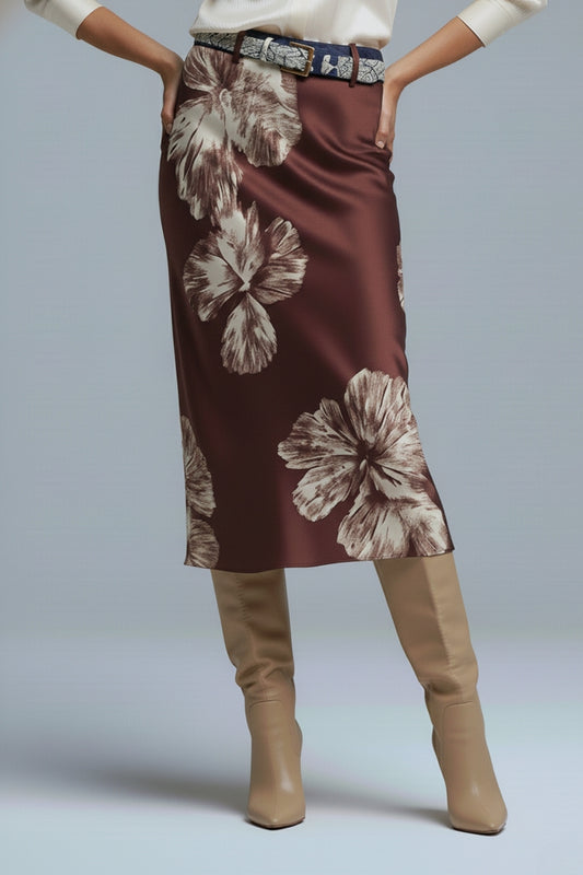 Jupe midi en satin bordeaux à motif floral
