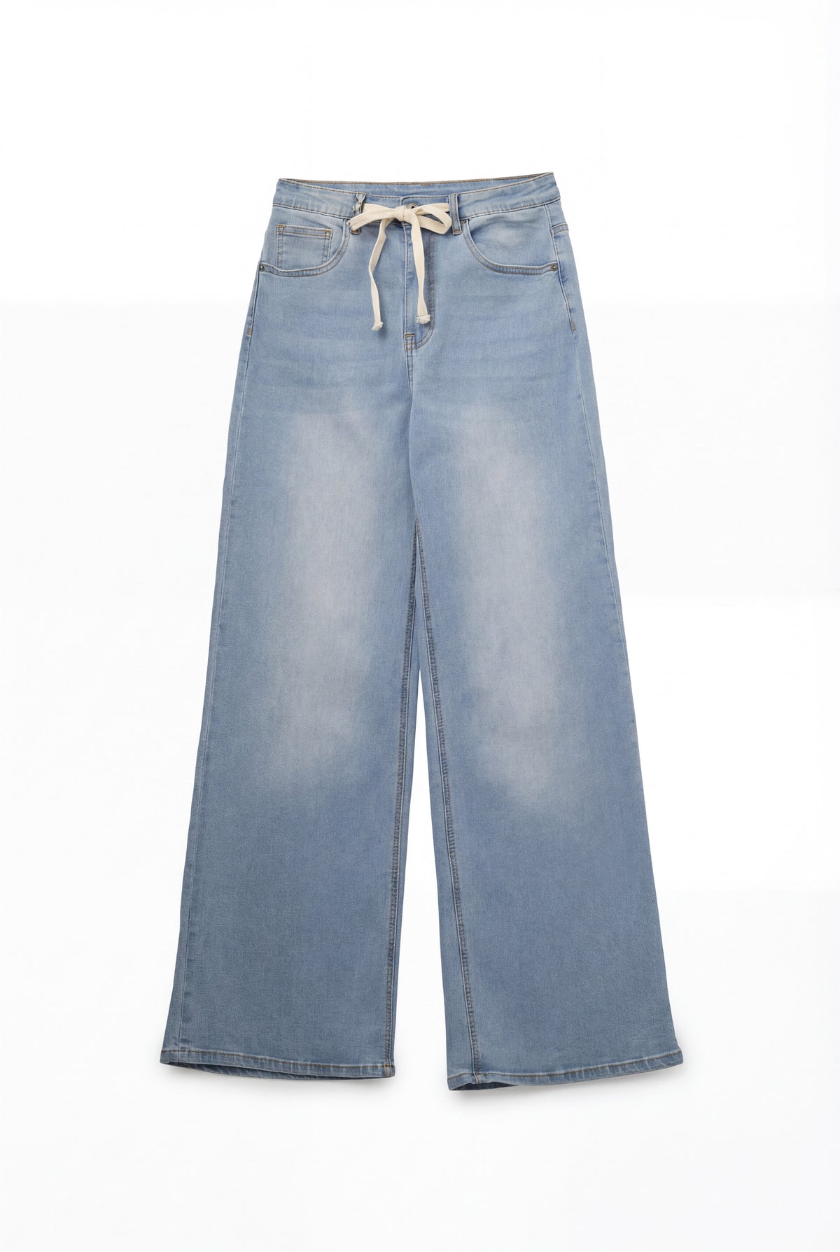 Jean à jambe large délavé avec taille ajustable à cordon de serrage
