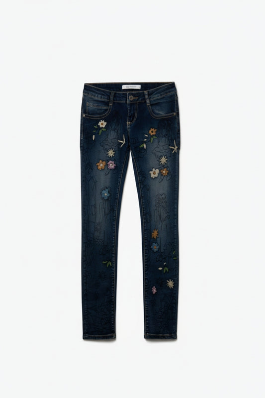 Jean skinny à fleurs brodées multicolores