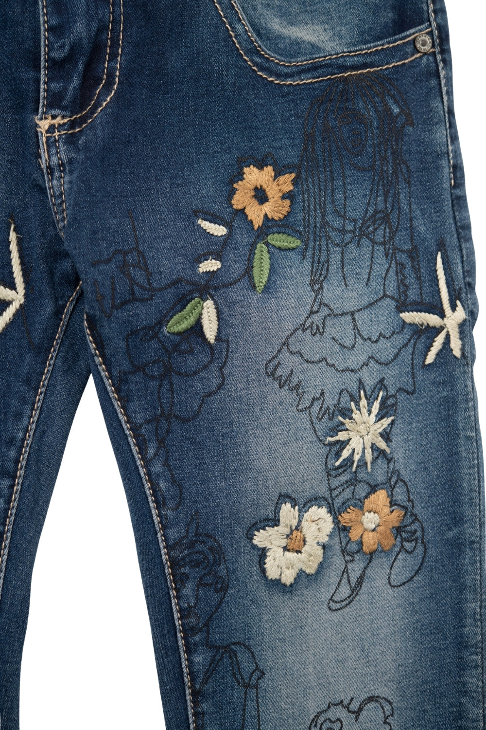 Jean skinny à fleurs brodées multicolores