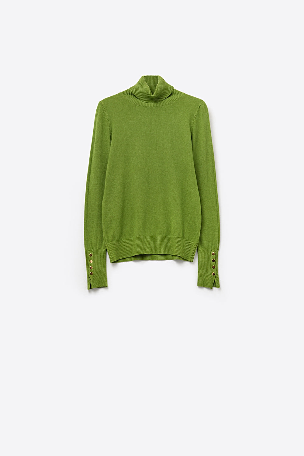 Pull à col roulé vert olive avec boutons dorés sur la manchette