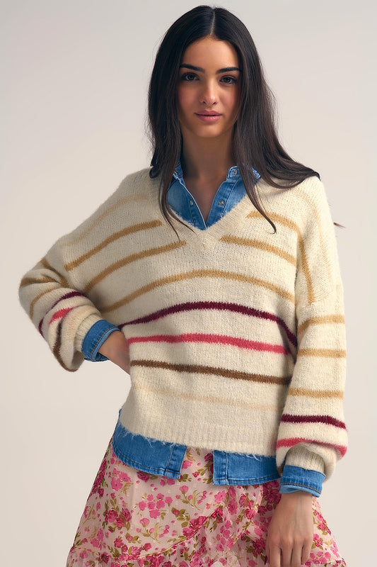 Pull oversize crème à rayures multicolores