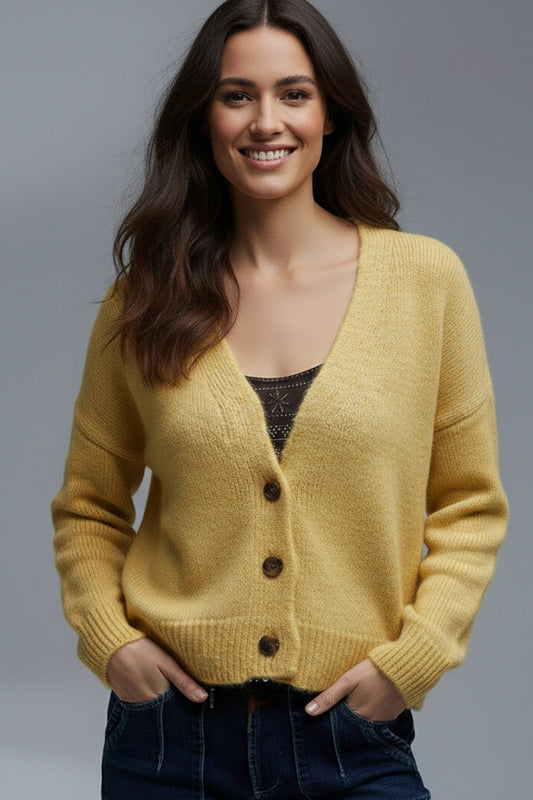 Col en V Basic jaune Cardigan boutonné en maille duveteuse