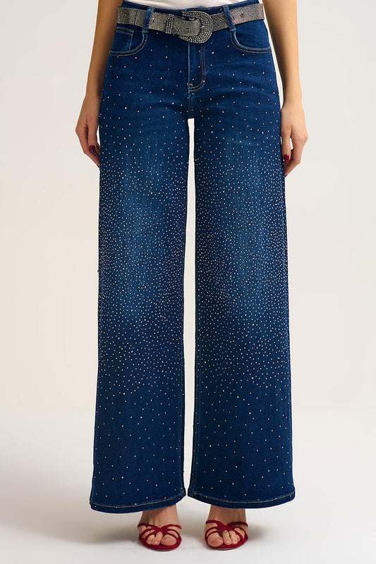 Jeans en denim à jambe large ornés de strass sur le devant et le dos