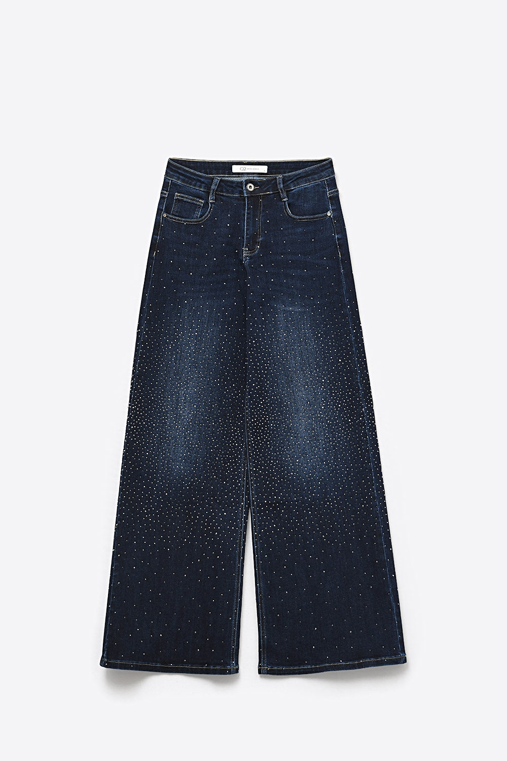 Jeans en denim à jambe large ornés de strass sur le devant et le dos