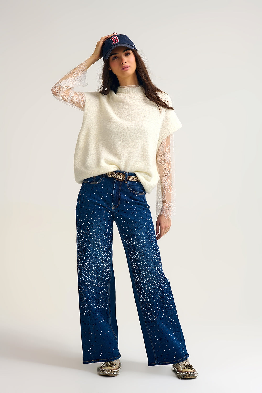 Pull sans manches en tricot doux doublé de dentelle