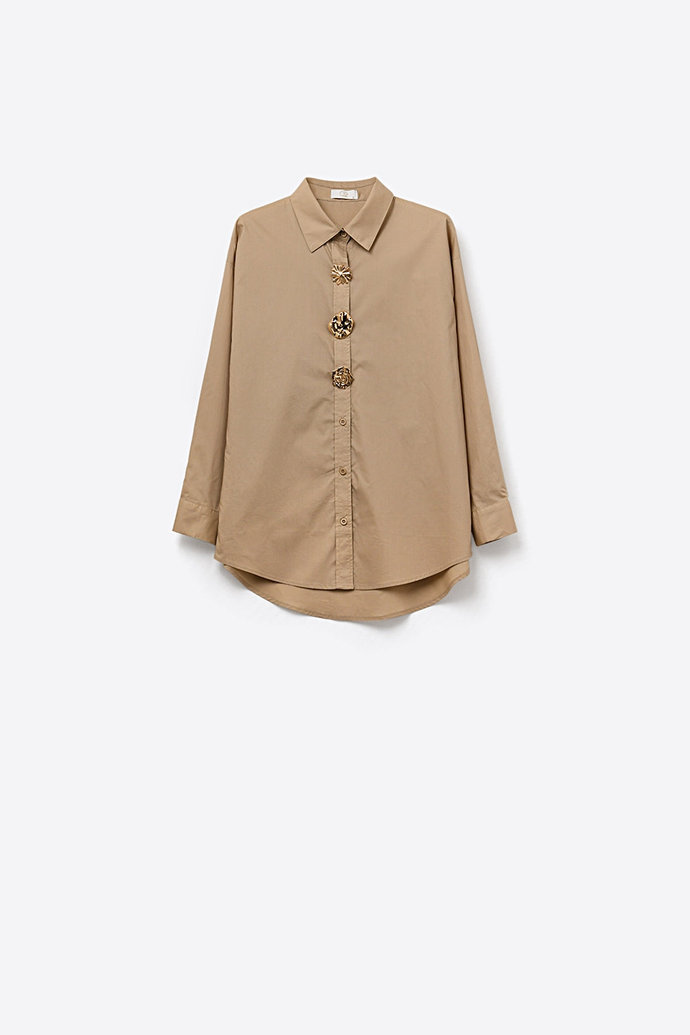 Chemise en coton popeline décontractée beige avec boutons décoratifs dorés