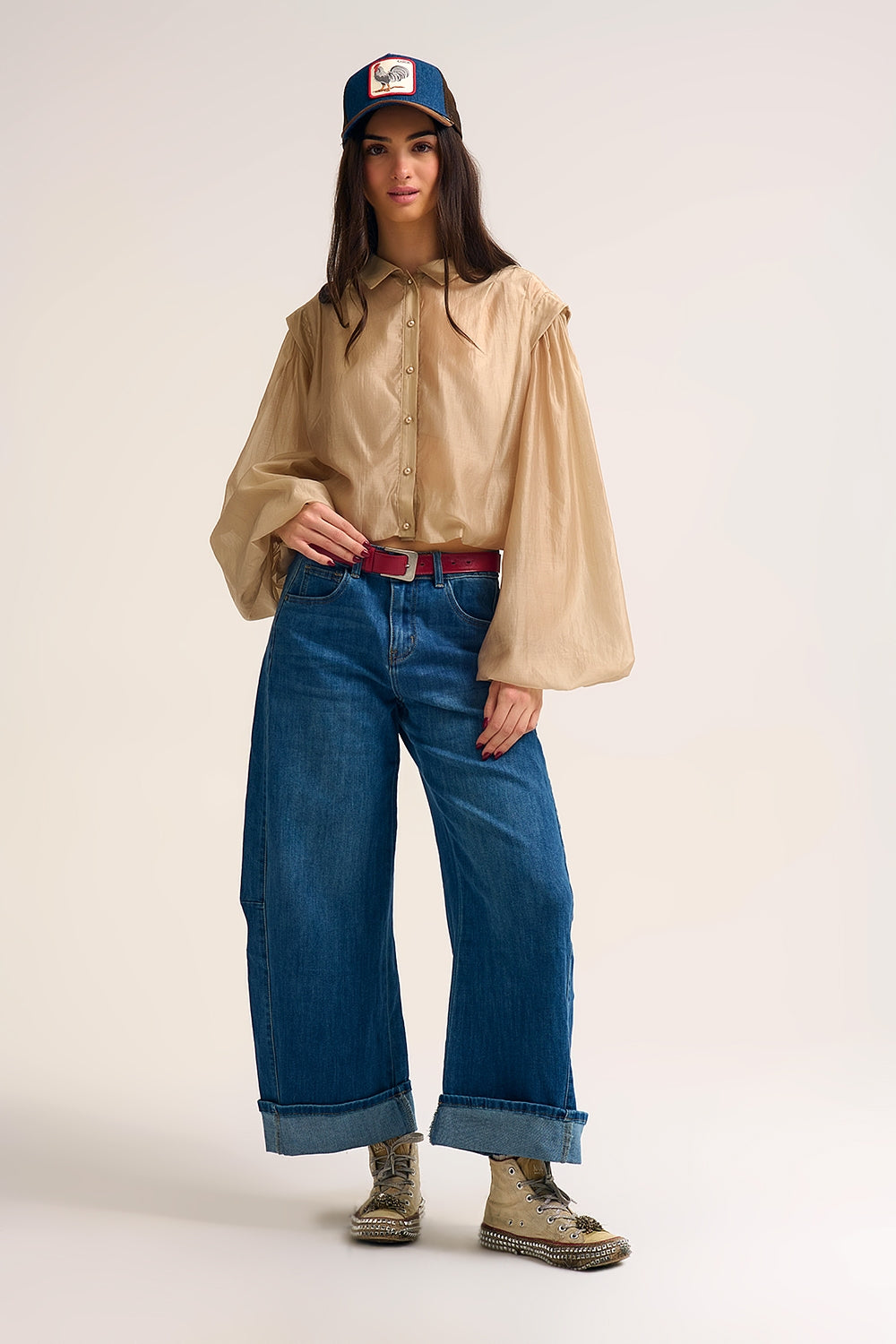 Jean en denim style baril délavage moyen ourlet à revers