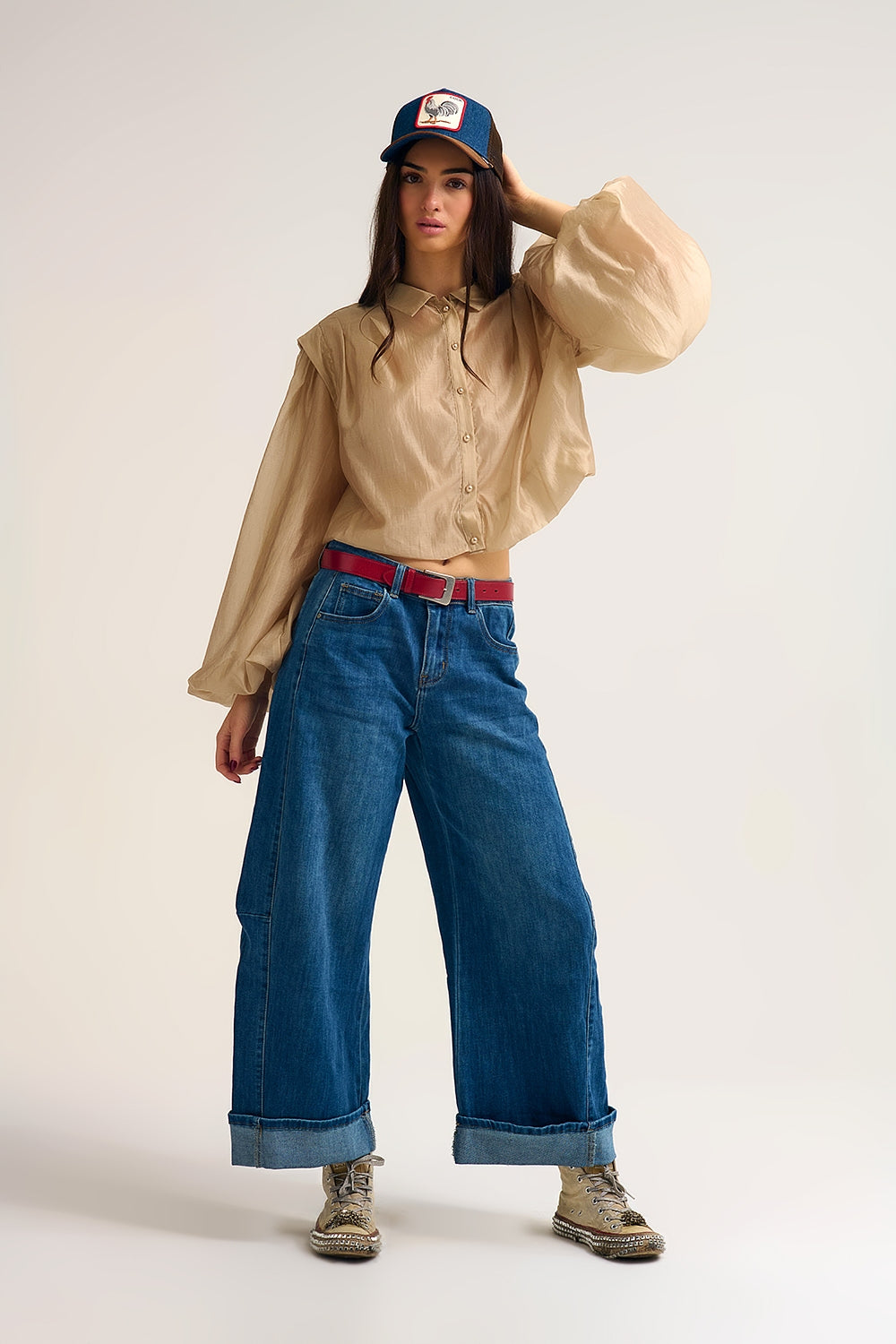 Jean en denim style baril délavage moyen ourlet à revers