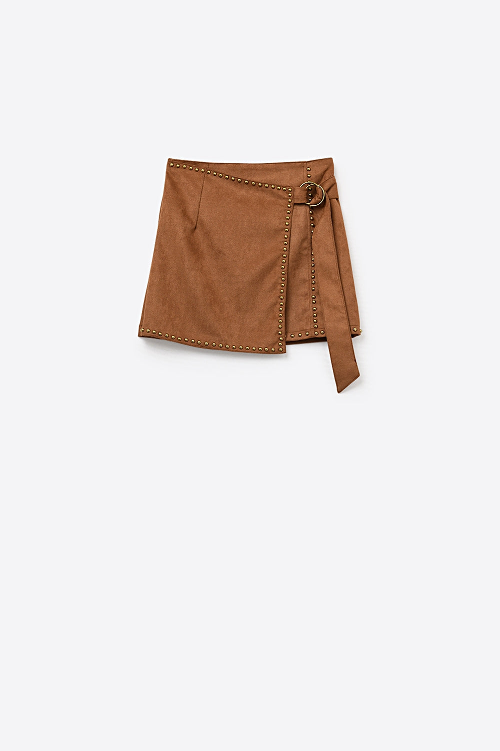 Jupe portefeuille mini camel cloutée avec ceinture détaillée