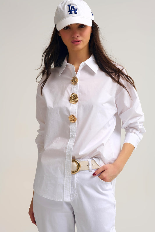 Chemise en coton popeline décontractée blanche avec boutons décoratifs dorés
