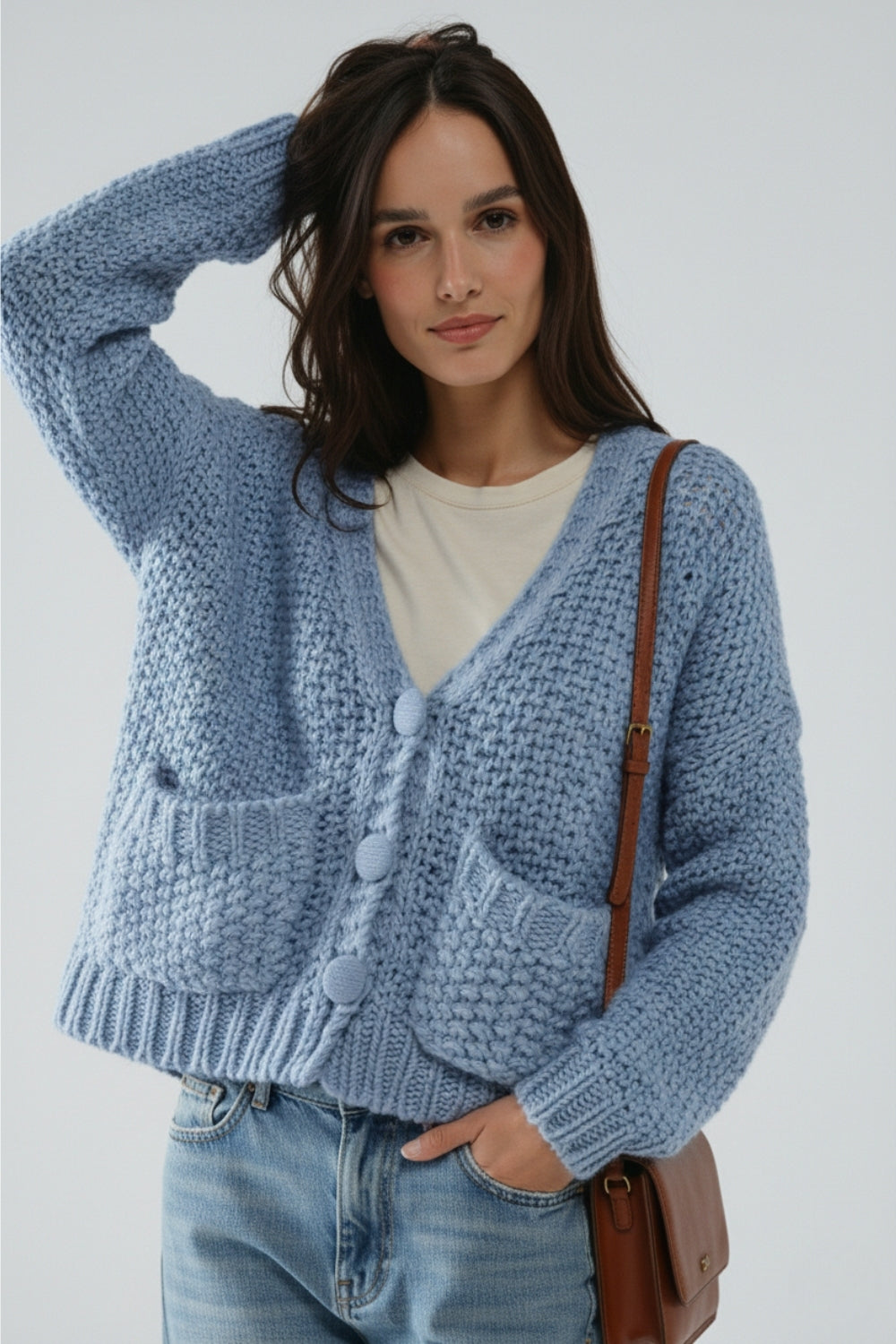 Veste surdimensionnée en maille épaisse bleu clair avec poches