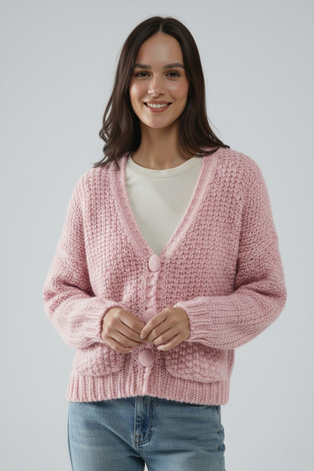 Veste oversize en maille épaisse rose avec poches