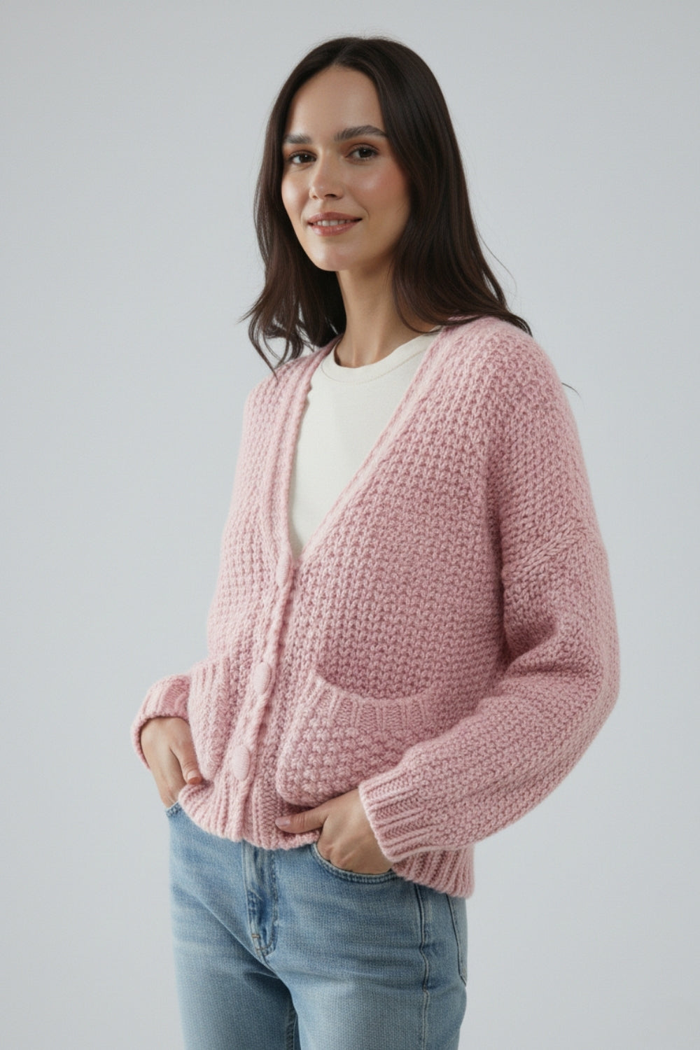 Veste oversize en maille épaisse rose avec poches