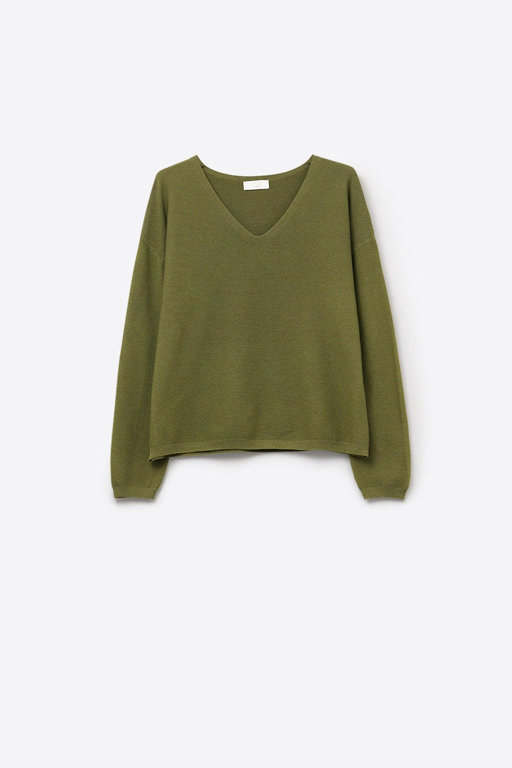 kaki Pull à col en V en maille fine avec texture linéaire subtile