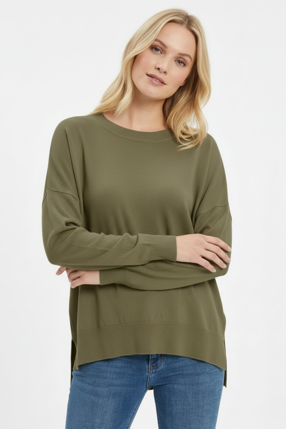 Pull en tricot kaki avec col en maille