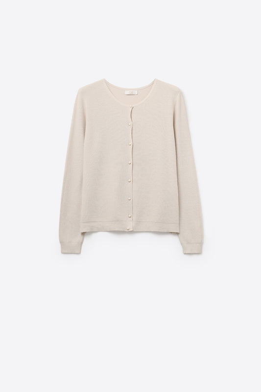 Cardigan en maille côtelée beige avec boutons en nacre
